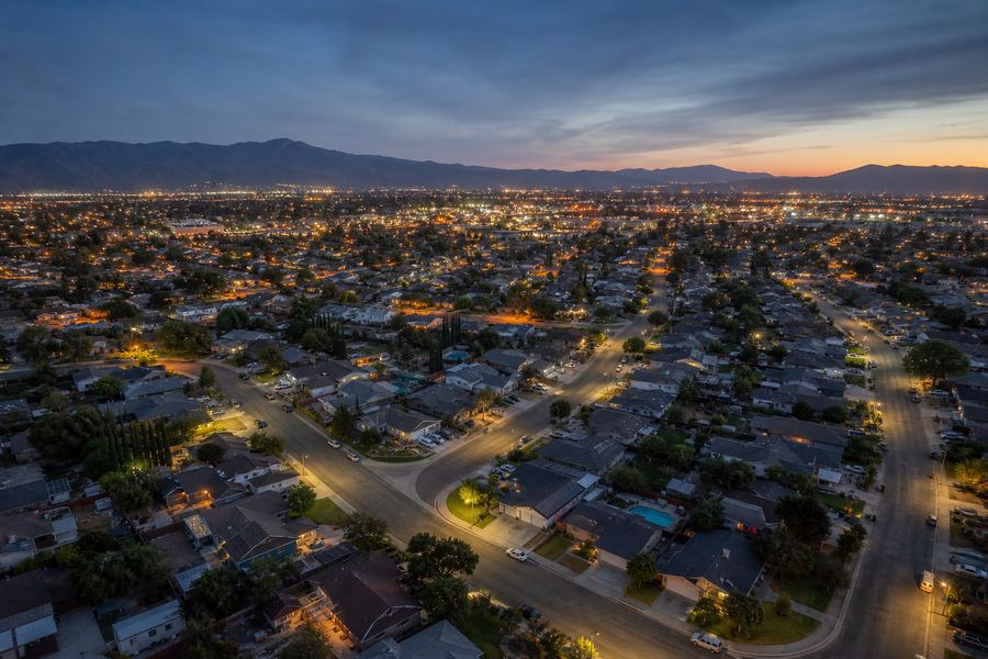 Aerial view of a South San Jose neighborhood at dusk