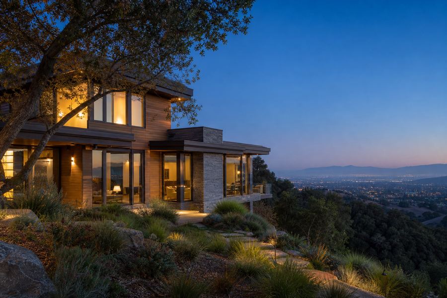 Silicon Valley hillside home at dusk